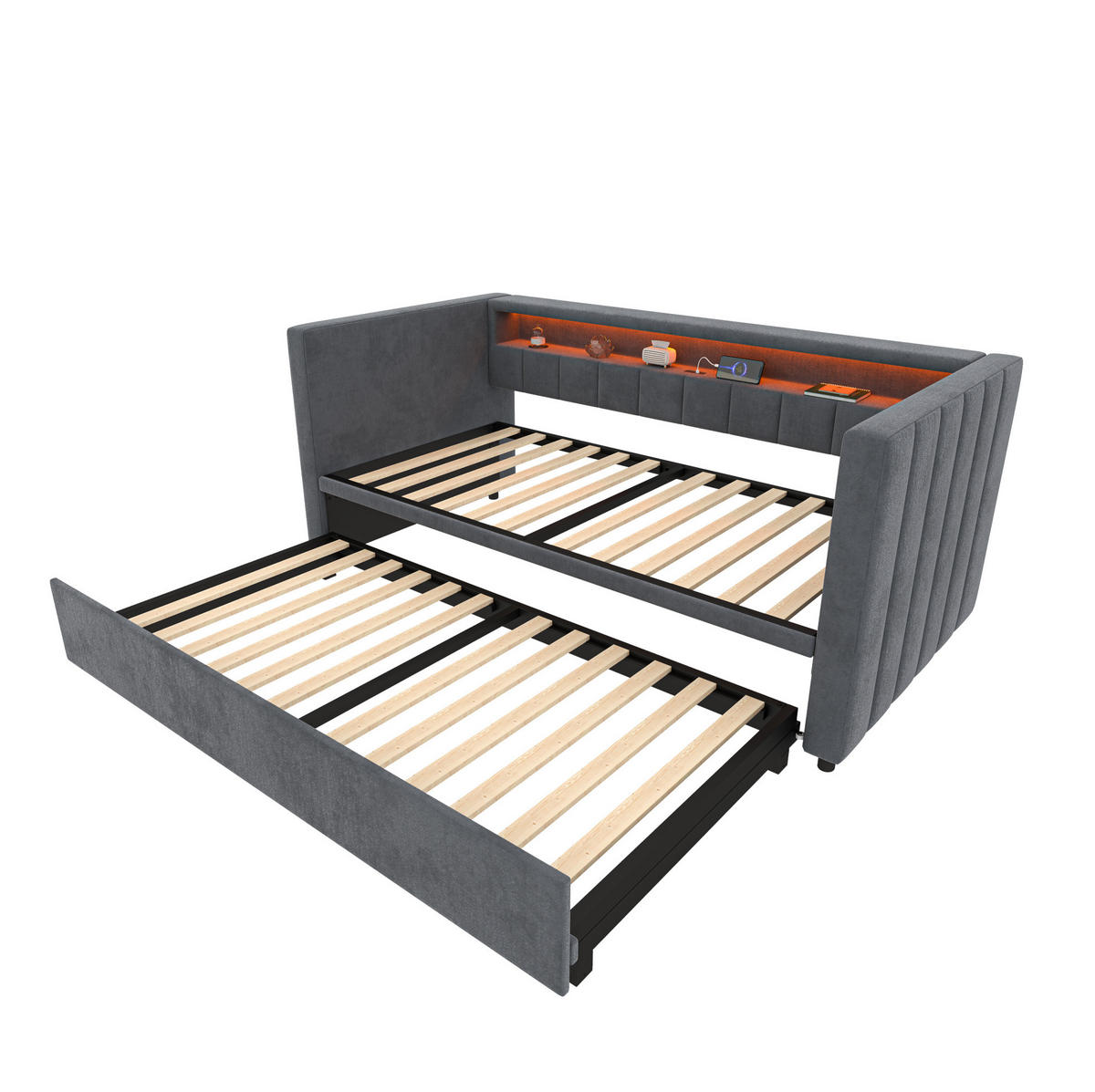SCHLAFSOFA 90/190 cm mit Ausziehbett, LED-Beleuchtung, USB-Type-C und Samtbezug, Dunkelgrau - Dunkelgrau, Textil (201/73/100cm) - Redom