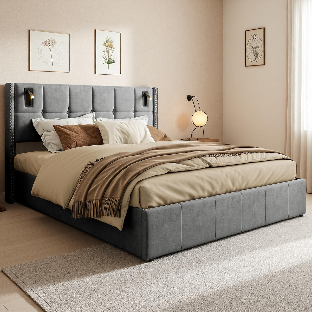 POLSTERBETT 140x200 cm USB Typ C Stauraum Lattenrost grau - Grau, Holz (140/200cm) - LEBENLANG