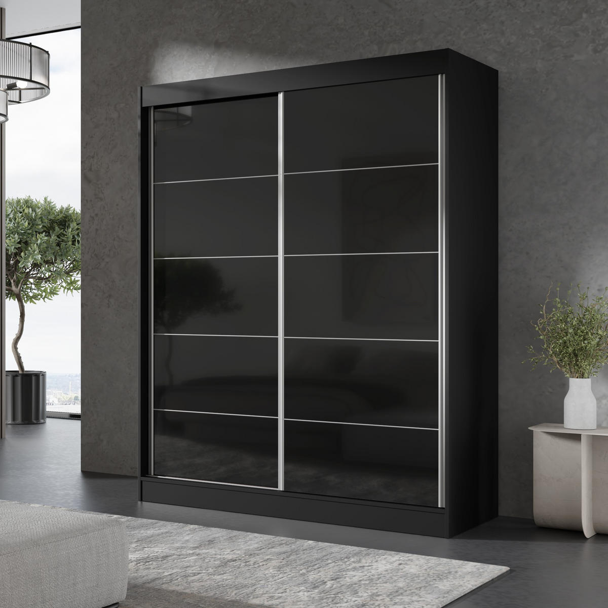 SCHIEBETÜRENSCHRANK Como 2D 150 Schwarz (lacobel) - Silberfarben/Schwarz, Holzwerkstoff/Metall (150/201/65cm) - mzm24