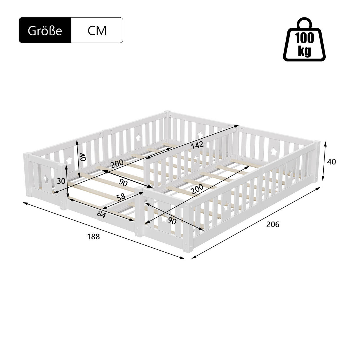 BODENBETT 90x200cm für 2 Kinder mit Rausfallschutz & Sternen-Design, weiß, mit Lattenrost - Weiß, Holz - BursDany