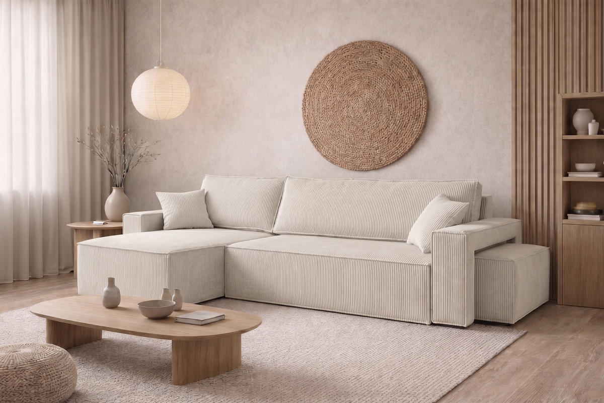 ECKSOFA Mit Schlaffunktion Und Pouf, Cordstoff Poso, Beige, Links, Best L Mit Pouf - Creme, Holz (244/145cm) - Kaiser Möbel