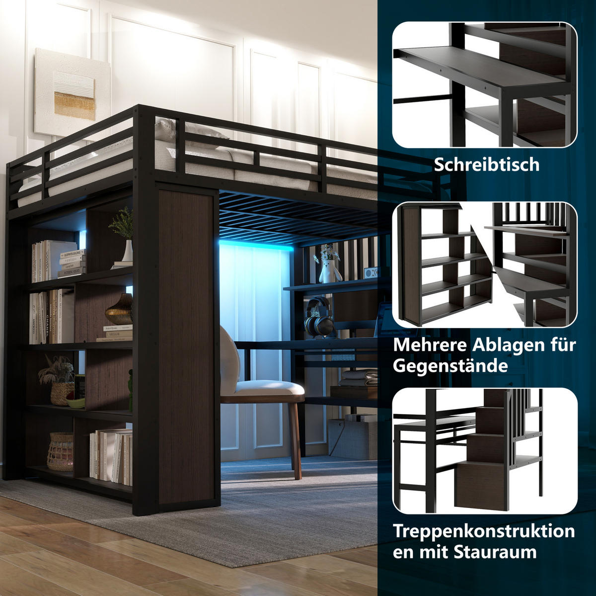 HOCHBETT 140/200 cm mit Schreibtisch, Ablagen, LED-Lichtleiste und Stauraumtreppe aus Metall und MDF, Schwarz - Schwarz, Metall (140/200cm) - Redom