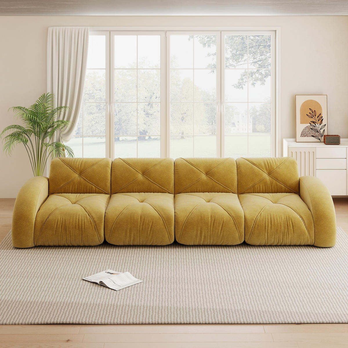 4-SITZER Sofa 358x95x76 cm aus Chenille-Stoff rahmenlos modular, gelb - Gelb, Textil (95/76/358cm)