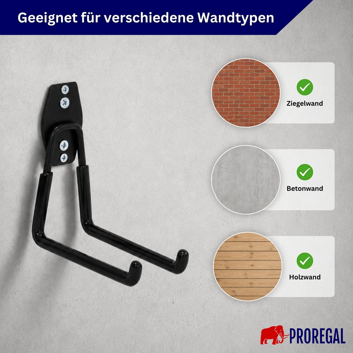 WANDHAKEN für Garage GRIT 12-teiliges Set Schwarz Gerätehaken Platzsparende Aufbewahrung - Schwarz, Metall (19/2.5/16cm) - PROREGAL
