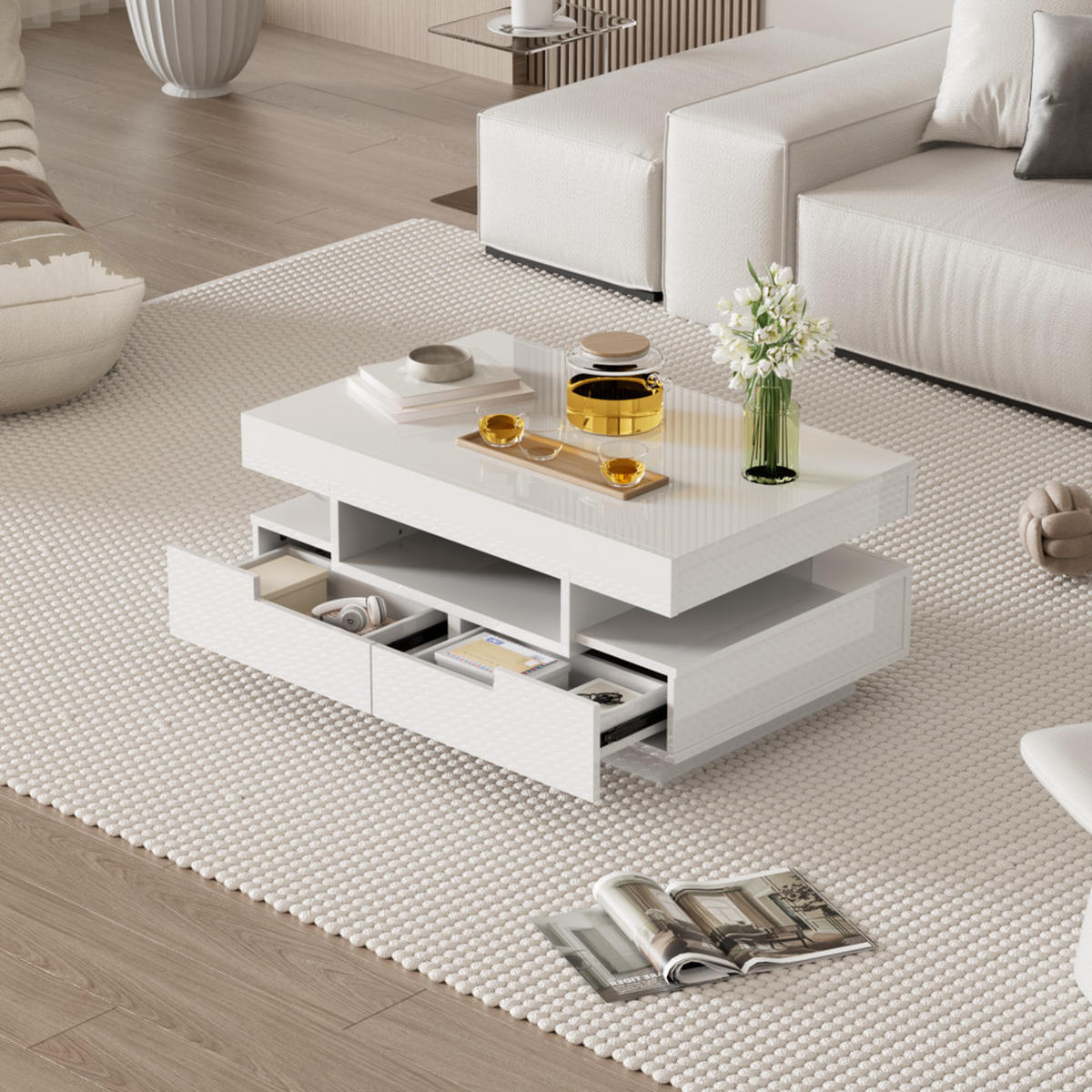 COUCHTISCH Hochglanz 4 Schubladen LED-Lichtleiste Weiß - Weiß, Holz (93/59/18cm) - FLIEKS