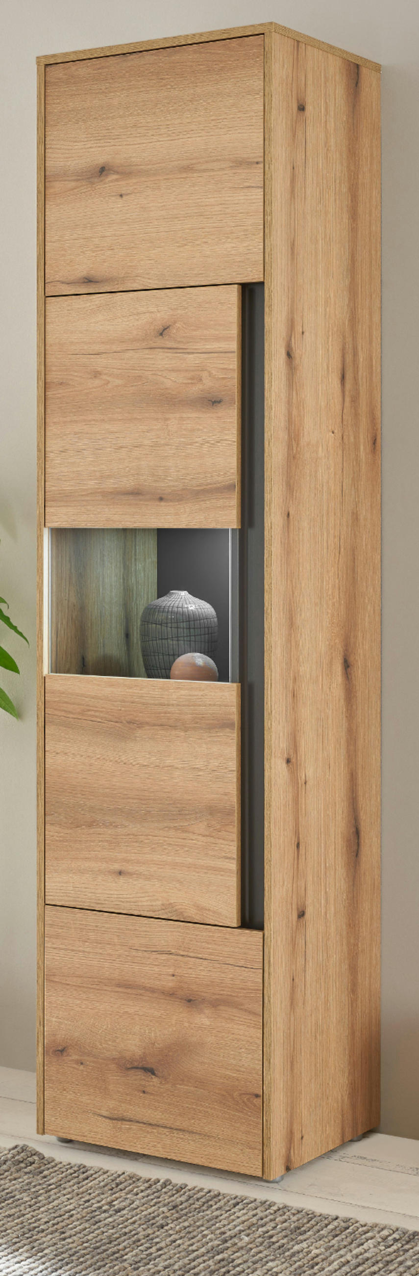 VITRINE Evoke Eiche, grau 50 x 197 cm, Vitrinenschrank 3-türig - Eichefarben/Schwarz, Glas/Holzwerkstoff (50/2/40cm) - Furn.Design