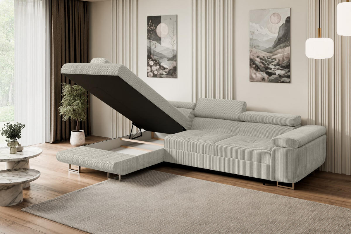 ECKSOFA mit Schlaffunktion und Bettkasten GUSA-L 272x202x107 cm Grau Cord - Silberfarben/Hellgrau, Holzwerkstoff/Textil (202/272cm) - ALTDECOR