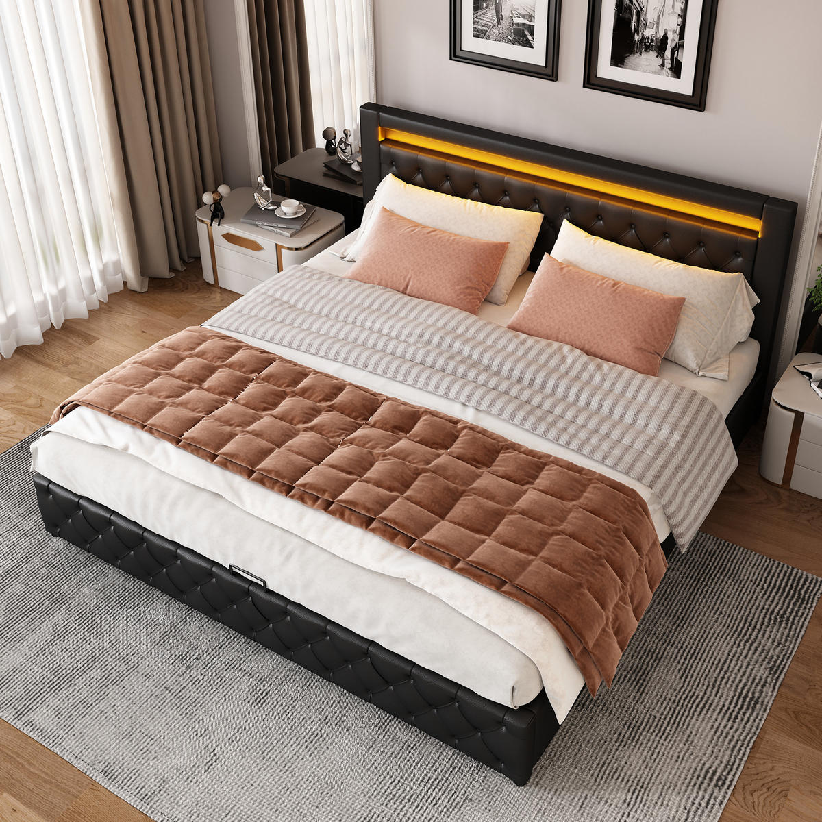 BETT mit Stauraum und LED 140x190 cm PU Black - Schwarz, Metall (140/190cm) - Meubliv