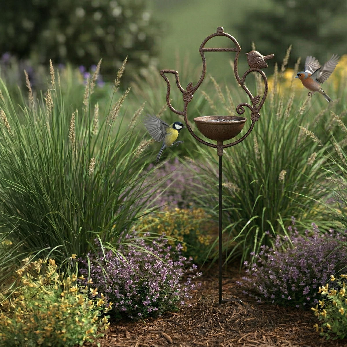 VOGELTRÄNKE Braun Gusseisen Teekannen-Design - Braun, Metall (27/86/13cm) - Relaxdays
