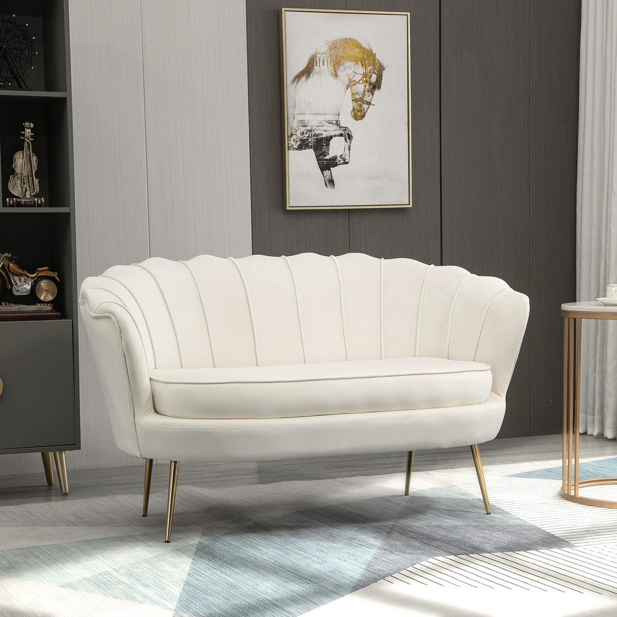 2 Sitzer Sofa, Couch, gepolsterter Polstersofa mit Armlehne, Samtopik Creme - Goldfarben/Creme, Textil/Metall (77/77/130cm) - HOMCOM