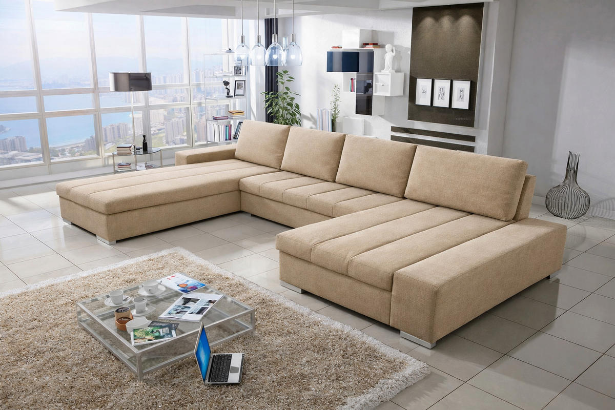 WOHNLANDSCHAFT VERONA U-Form mit Schlaffunktion, Bettkasten und Wellenfederung – Großzügiges Ecksofa 387 cm - Creme, Kunststoff (387/85/213cm) - Wohnideebilder