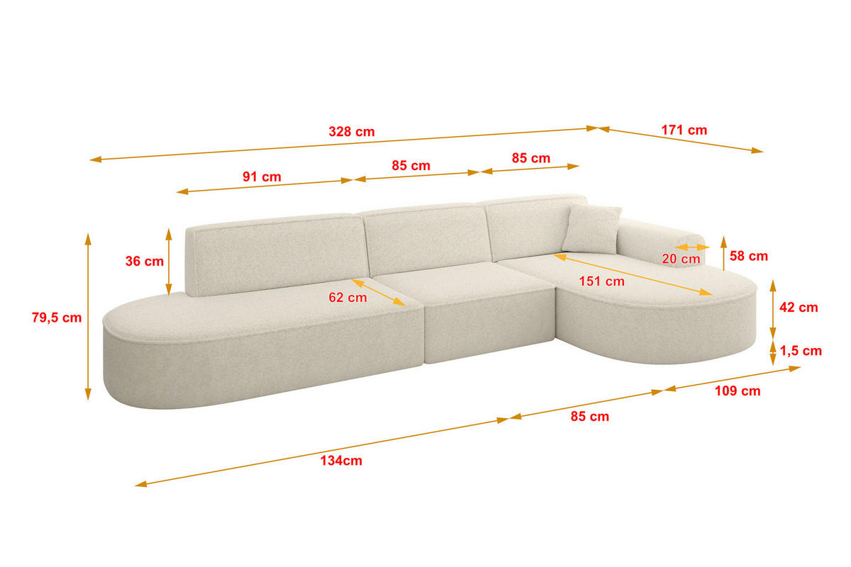 ECKSOFA Ottomane Rechts MARI-L2 - 328x171x79 cm Creme Tissu - Creme/Schwarz, Holzwerkstoff/Kunststoff (171/328cm) - ALTDECOR
