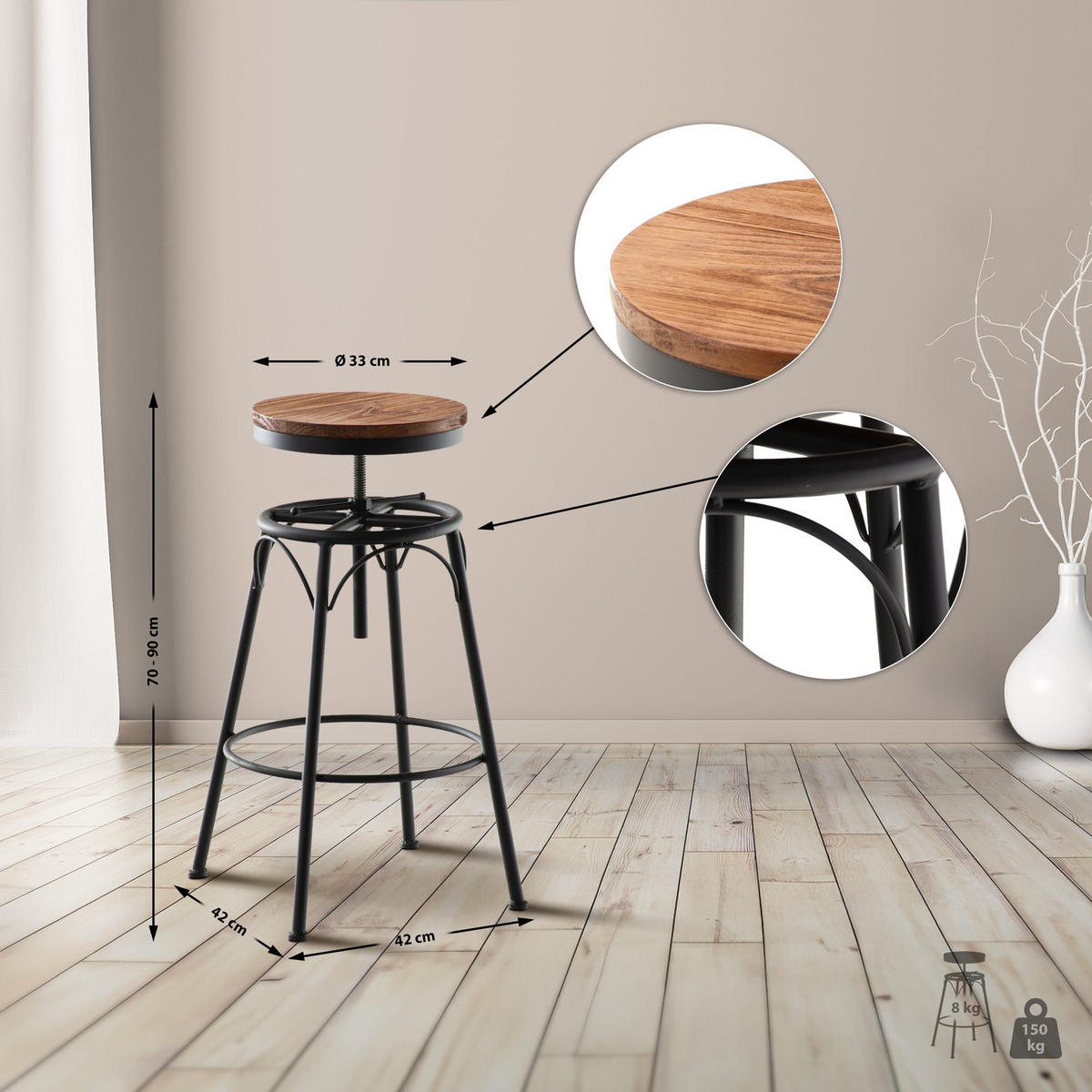 BARHOCKER 2er Set Bean schwarz - Schwarz, Holz/Metall (42/90/42cm) - TPFLiving