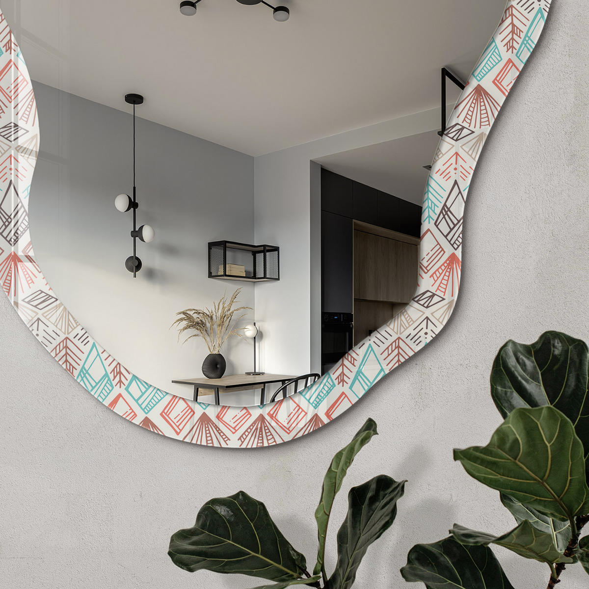 SPIEGEL 90x45 cm asymmetrisch mit Druck - Geometrische Natur - Transparent, Glas (45/90/0.4cm) - TULUP