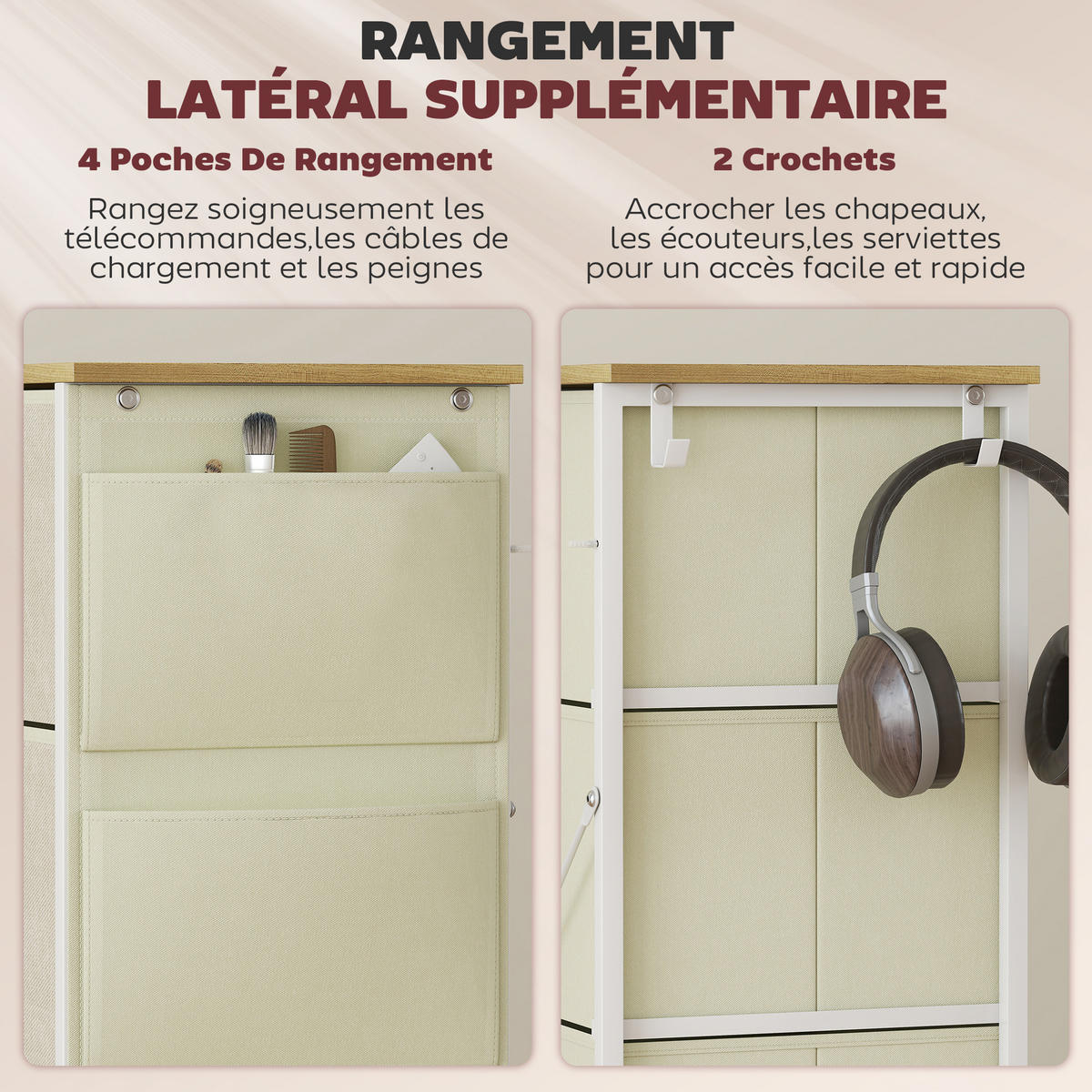KOMMODE DE-12483 4 Schubladen mit Seitentaschen und Haken 45/30/94,5 cm Beige - Beige, Metall (45/94.5/30cm) - ComfortXL