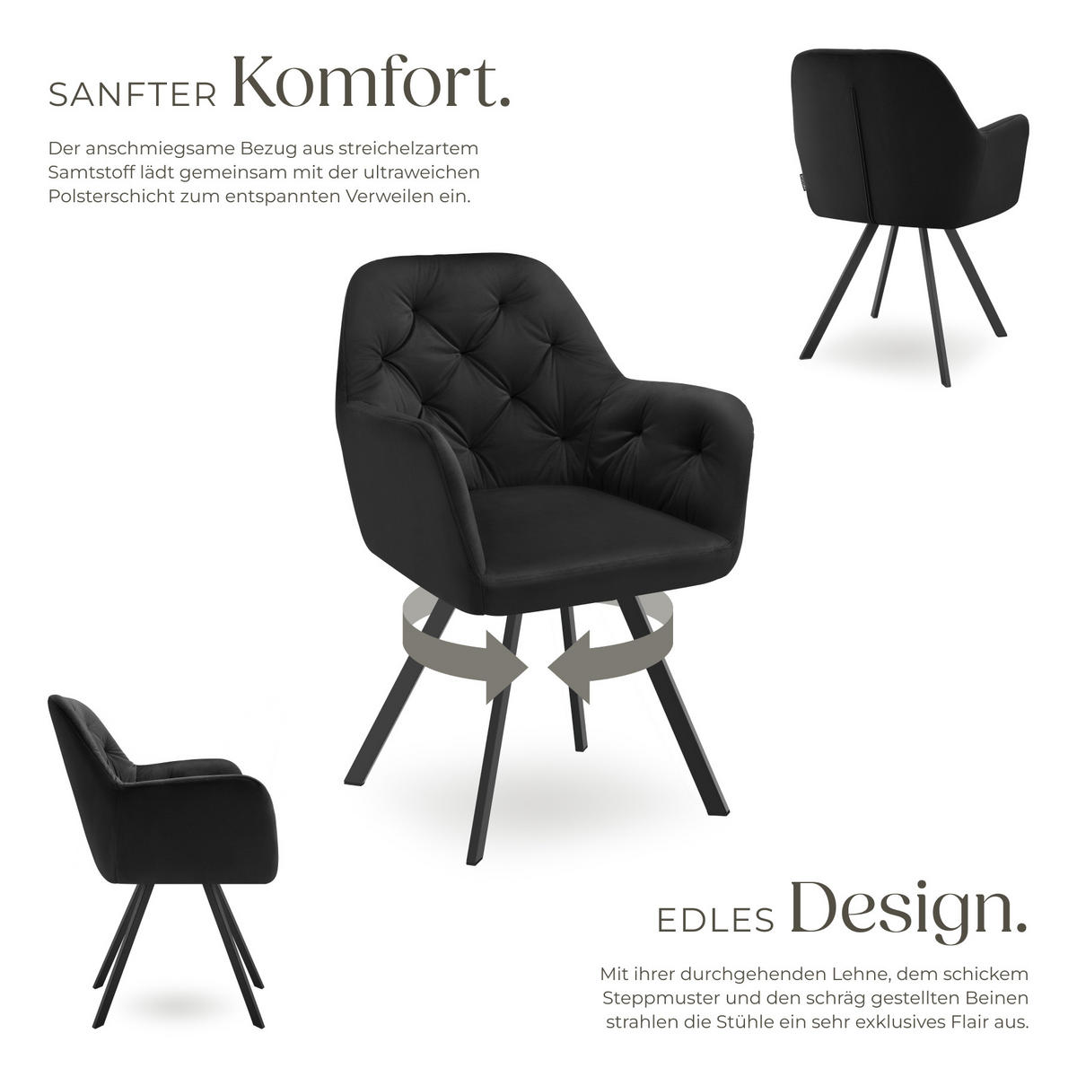 ARMLEHNSTUHL Samt Drehbarer 4er Set Lucia 58 x 58 x 87 cm schwarz - Schwarz, Kunststoff (58/87/58cm) - tectake