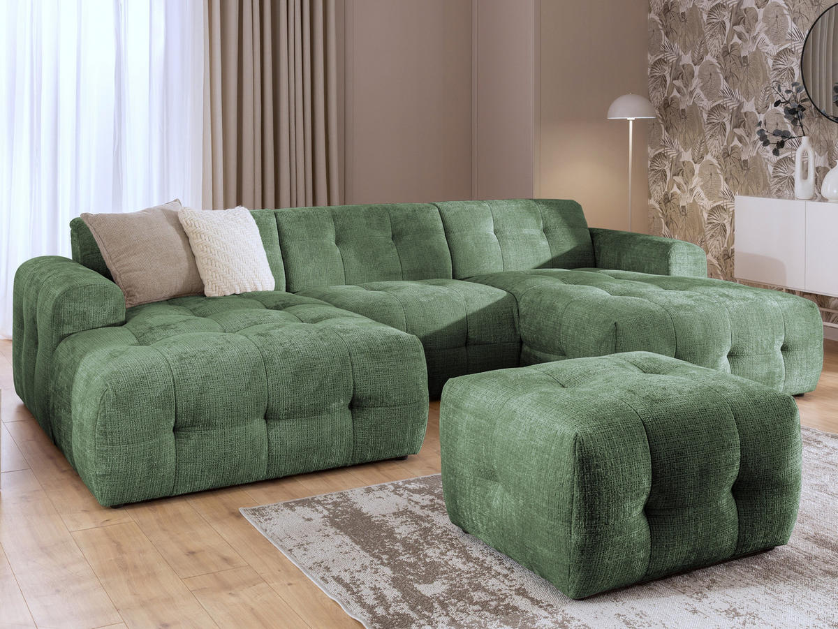 POLSTERHOCKER mit raffinierten Steppungen, zu passendem Sofa, Wellenunterfederung, Chenille-Bezug Grün / 21055 - Schwarz/Grün, Kunststoff/Textil (87/46/68cm) - luma-home