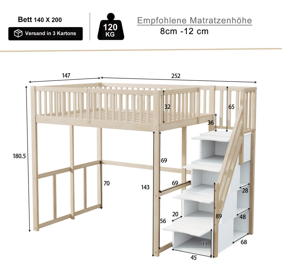 HOCHBETT 140/200 cm aus Kiefernholz mit Stauraumleiter, Naturholz - Naturfarben, Holz (140/200cm) - OKMYHOME