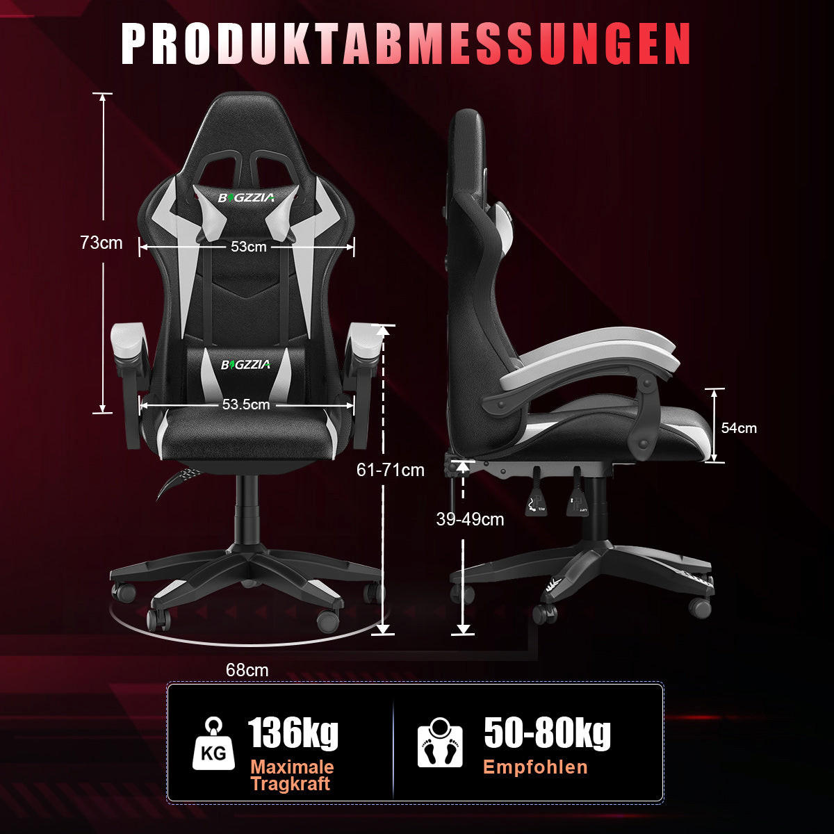 GAMING-STUHL LED, höhenverstellbar, Lenden- & Kopfstütze – Schwarz/Weiß - Weiß, Leder (53.5/117/54cm) - Rattantree