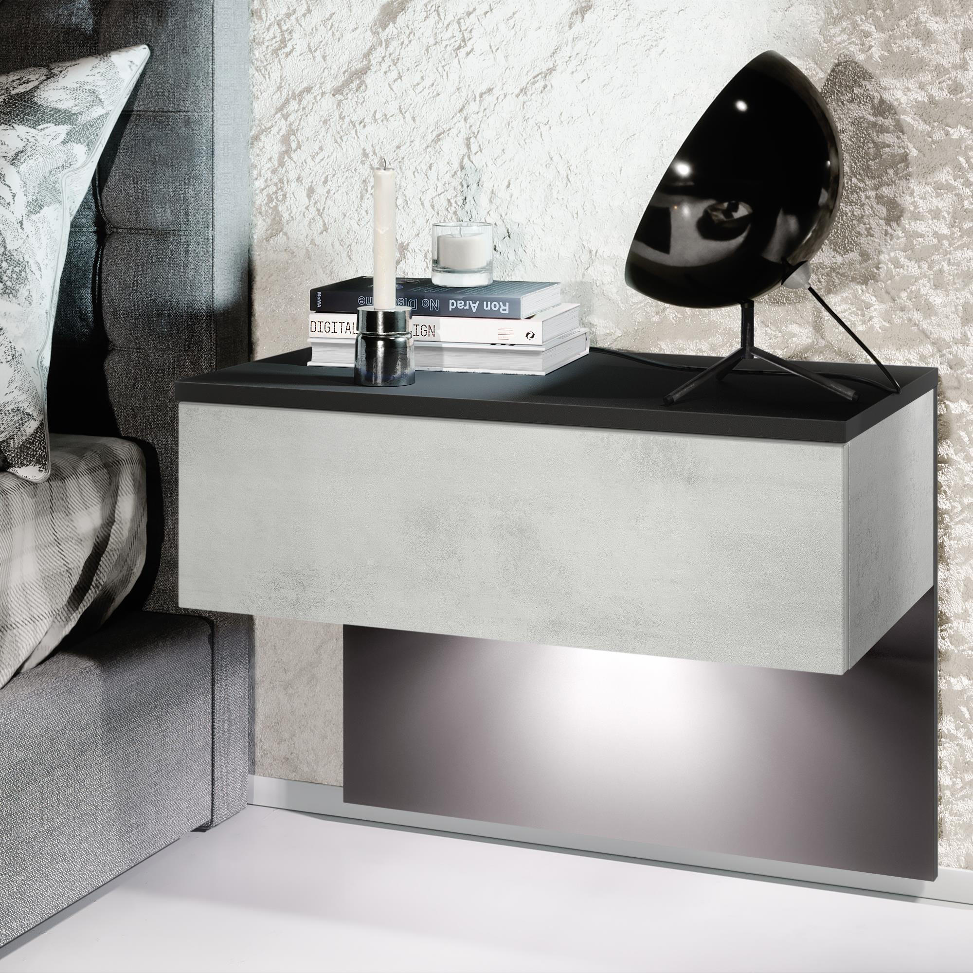 NACHTTISCH Sleep Fronten in Beton Oxid Optik - Hellgrau, Holzwerkstoff (60/46/35cm) - Vladon