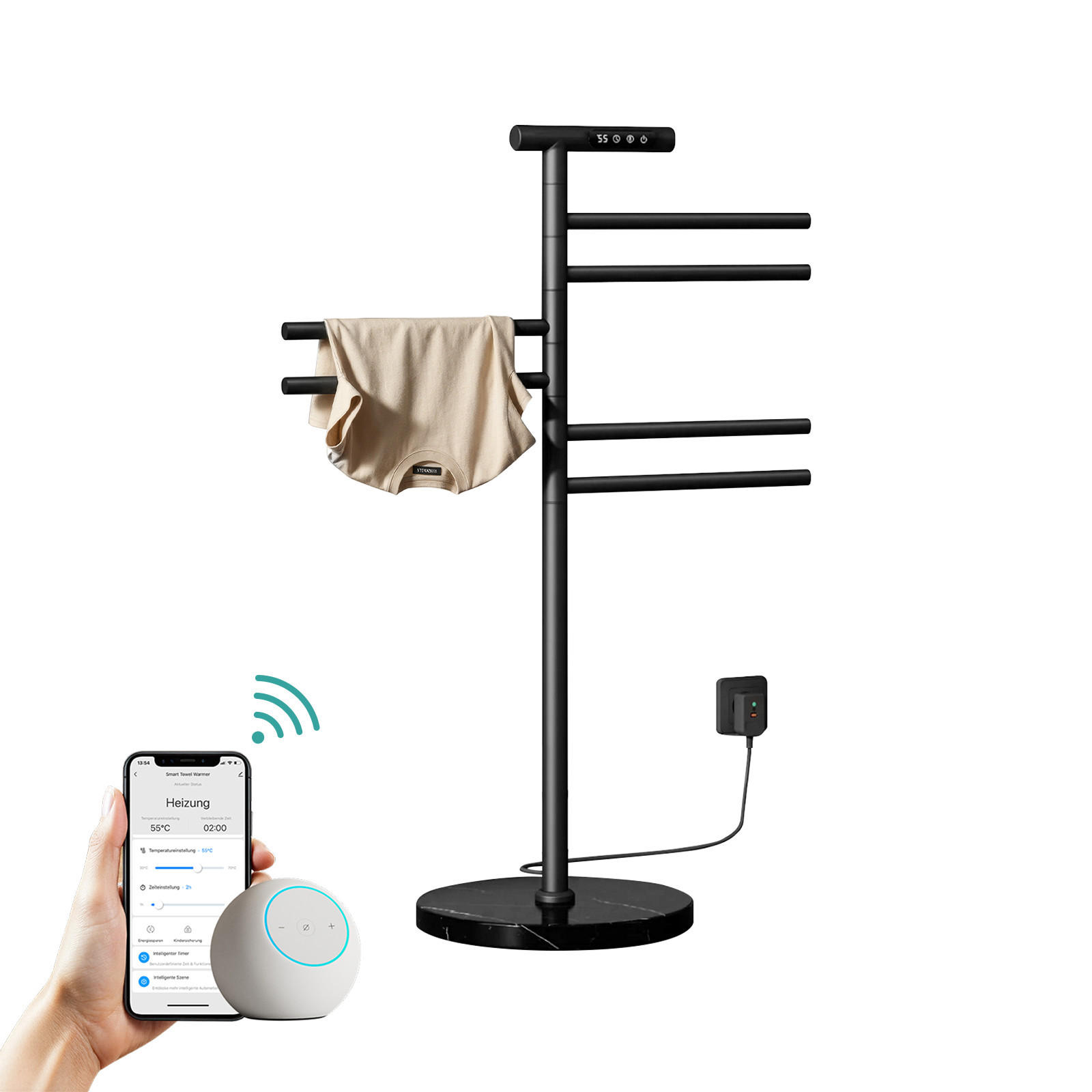 HANDTUCHHALTER elektrisch Standmodell LED Touch Display/App-Steuerung Schwarz 100/53,9 cm - Schwarz, Metall (53.9/100/35cm) - EMKE