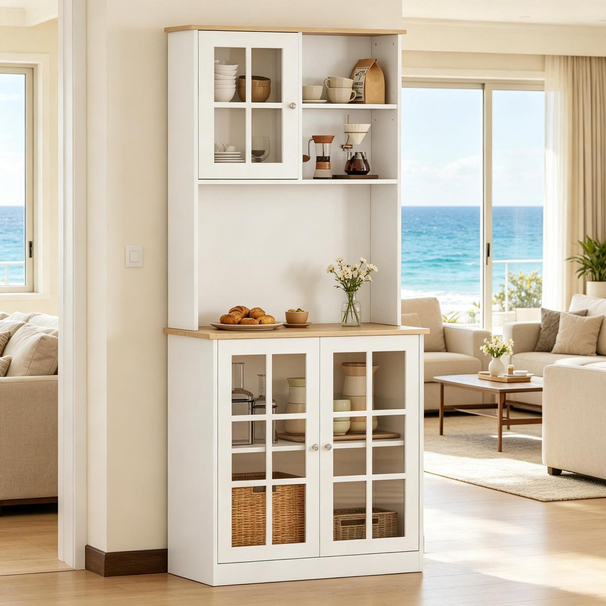 BUFFET DE-38812 80/37/183 cm, Glastüren und Arbeitsplatte Weiß - Weiß, Holzwerkstoff (80/183/37cm) - ComfortXL