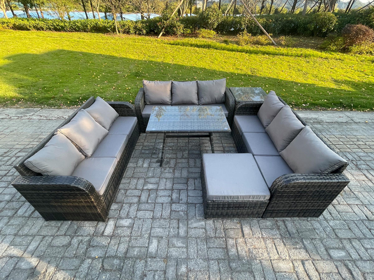 GARTENMÖBELSET mit ESSTISCH, 3-SITZER SOFA Polyrattan 10-Sitzer - Dunkelgrau/Grau, Glas/Kunststoff - Fimous