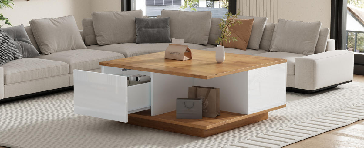 COUCHTISCH 70/70/31,5 cm mit 3 Schubladen und offenem Fach, Hochglanz-Fronten aus Spanplatte, Weiß/Walnuss - Walnussfarben, Holzwerkstoff (70/70/31.5cm) - Modfu