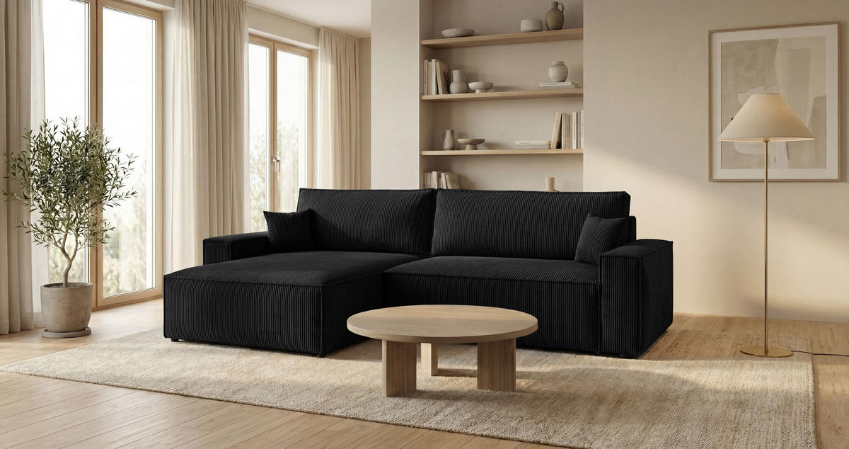 ECKSOFA VIENNA links schwarz Cord Poso 135 - Schlaffunktion, Bettkasten - Schwarz, Textil (285/185cm) - Cornero