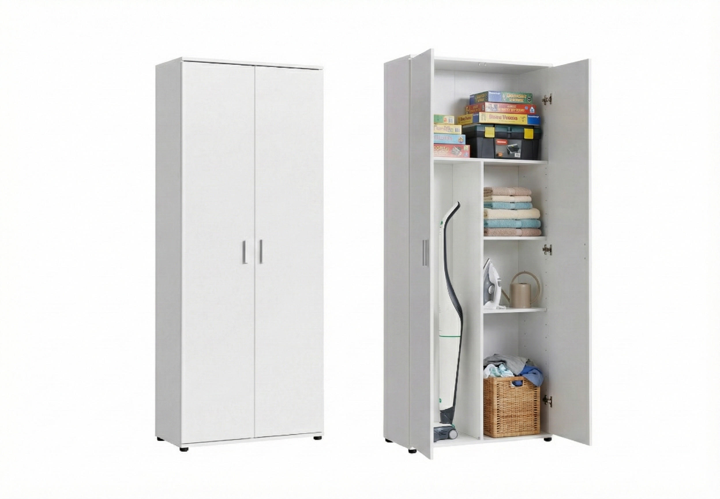 MEHRZWECKSCHRANK mit 2 Türen & 2 Einlegeböden und Fach für Staubsauger in weiß - Weiß, Holzwerkstoff (75/184/35cm) - Home Collective