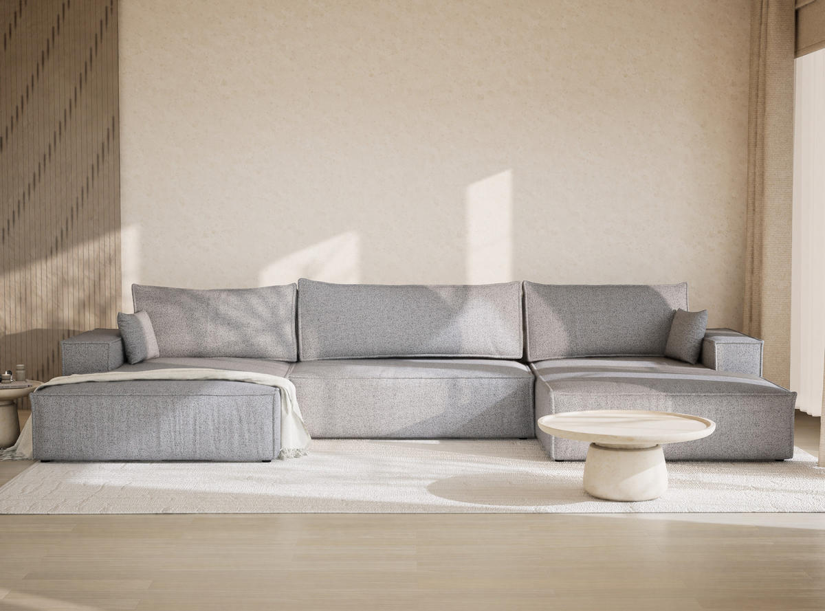 WOHNLANDSCHAFT Kyoto Hellgrau Webstoff - Hellgrau/Schwarz, Holz/Holzwerkstoff (398/70/148cm) - Maison de Reve