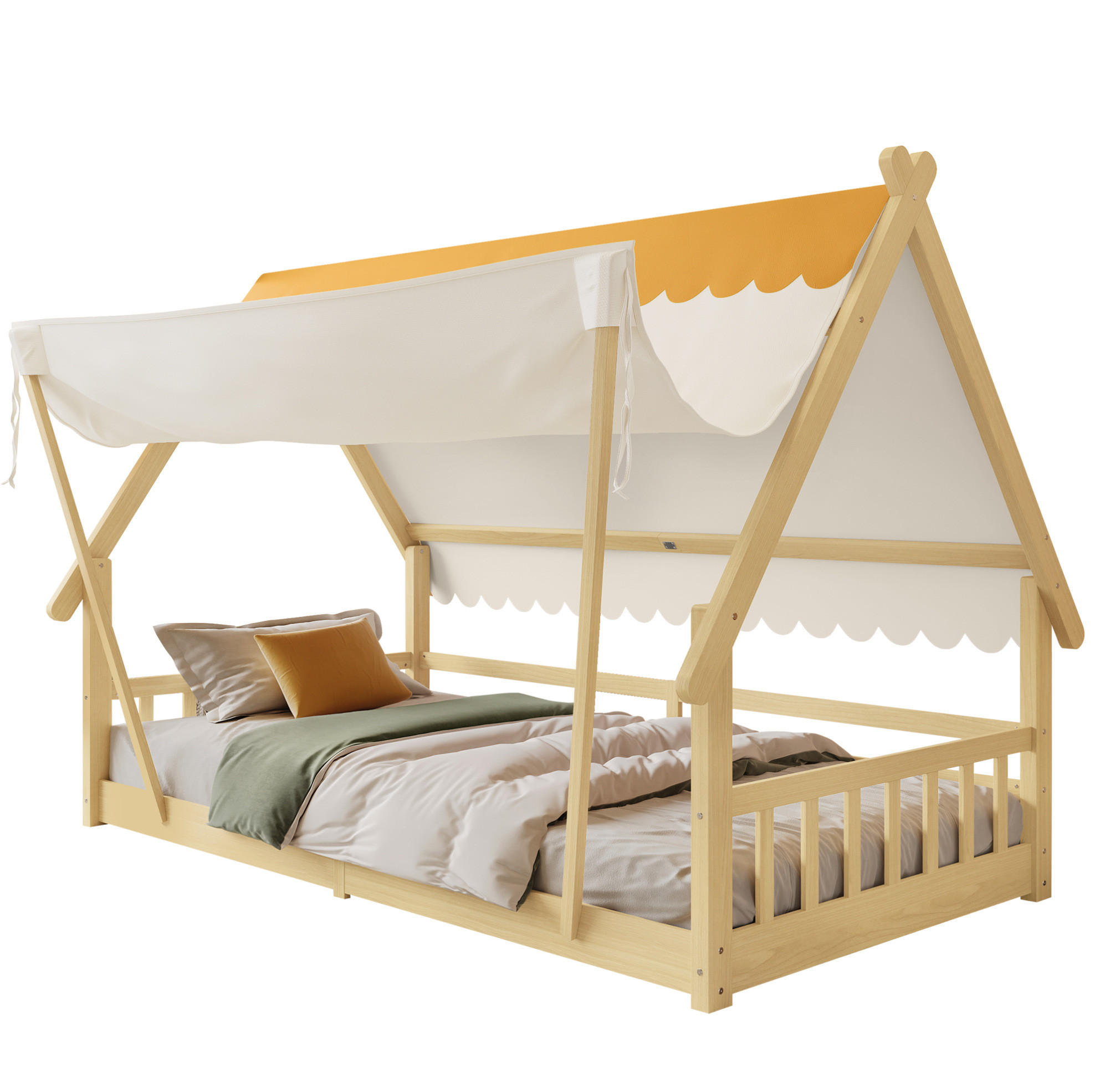 KINDERBETT 90/200 cm in Hausform mit Zelt und Sicherheitsgeländer - Weiß, Holz (90/200cm) - BEAOK