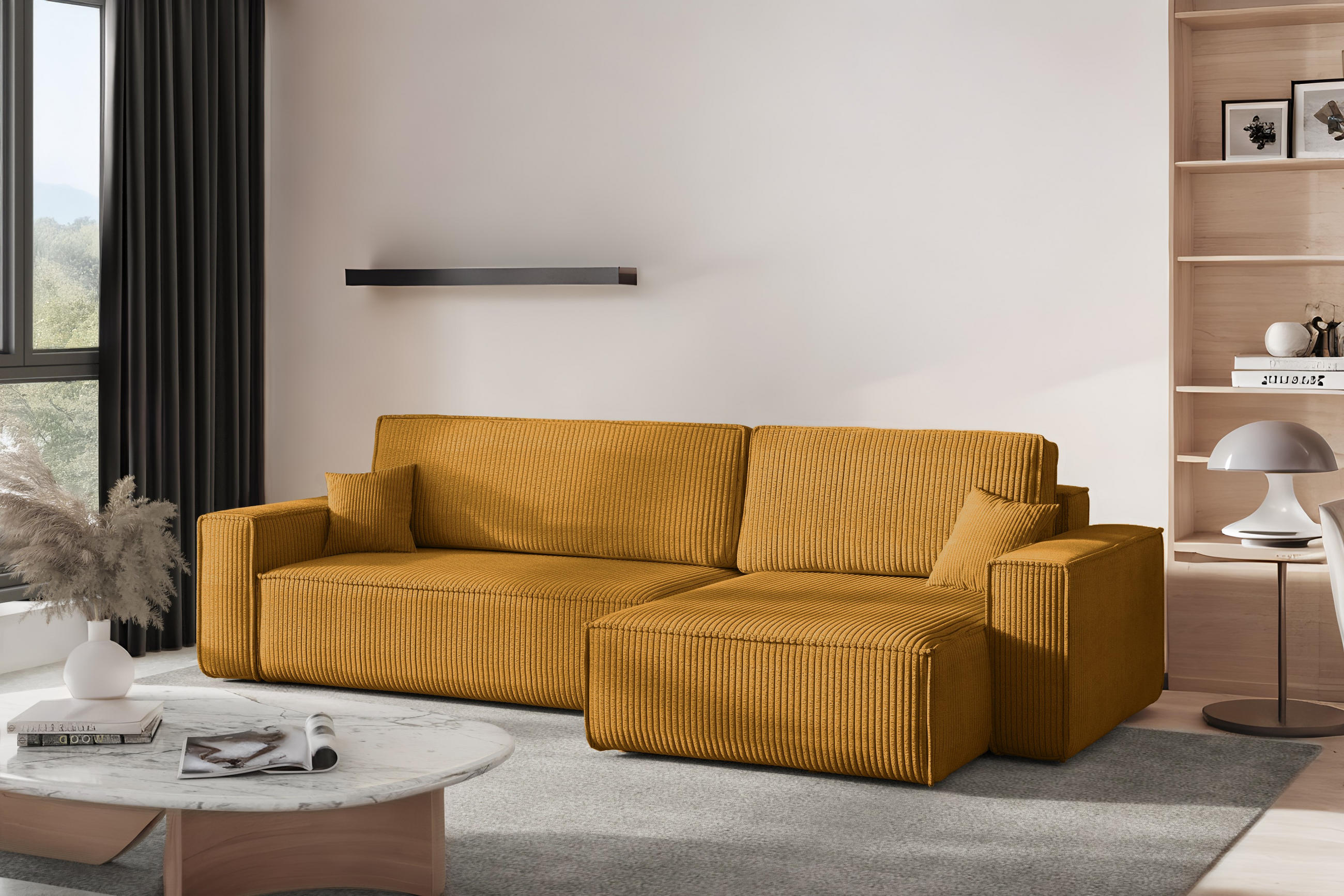 ECKSOFA Mit Schlaffunktion Und Bettkasten, Eckcouch BEST XL Stoff Poso Dicker Cord Senffarbe Rechts - Schwarz/Orange, Holz/Kunststoff (274/142cm) - Kaiser Möbel