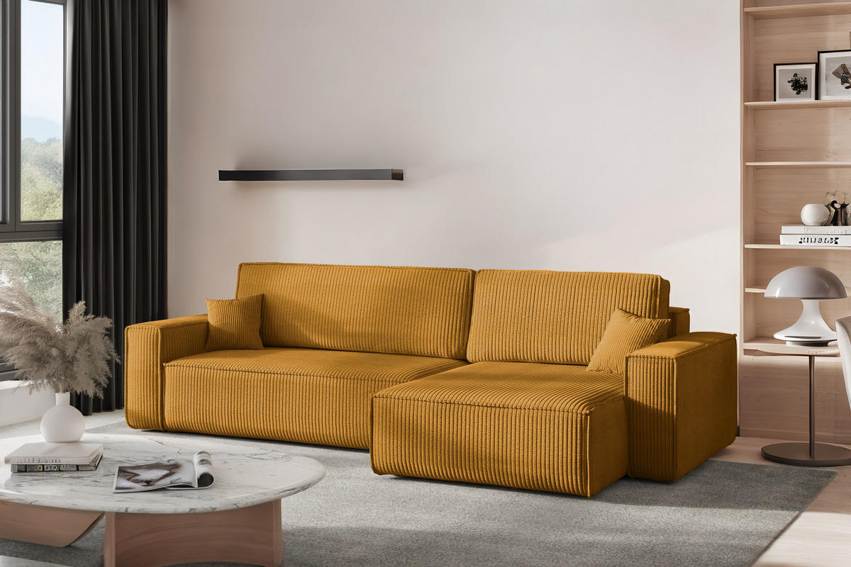 ECKSOFA Mit Schlaffunktion Und Bettkasten, Eckcouch BEST XL Stoff Poso Dicker Cord Senffarbe Rechts - Schwarz/Orange, Holz/Kunststoff (274/142cm) - Kaiser Möbel