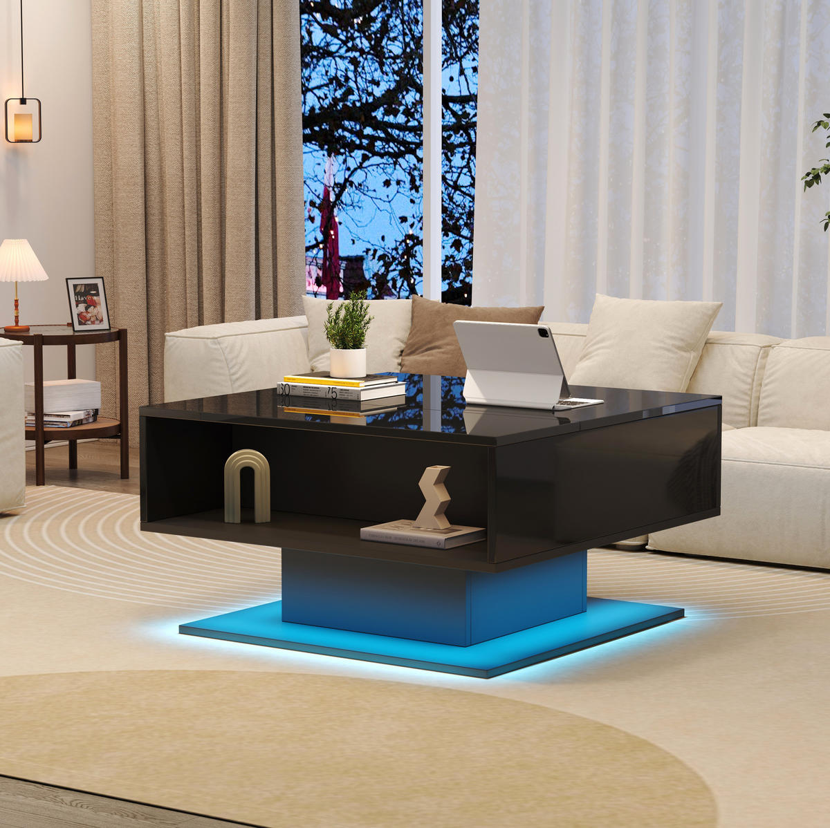 COUCHTISCH 80/75/40 cm schwarz aus Spanplatte mit LED und Stauraum - Schwarz, Holzwerkstoff (80/75/40cm) - OKMYHOME
