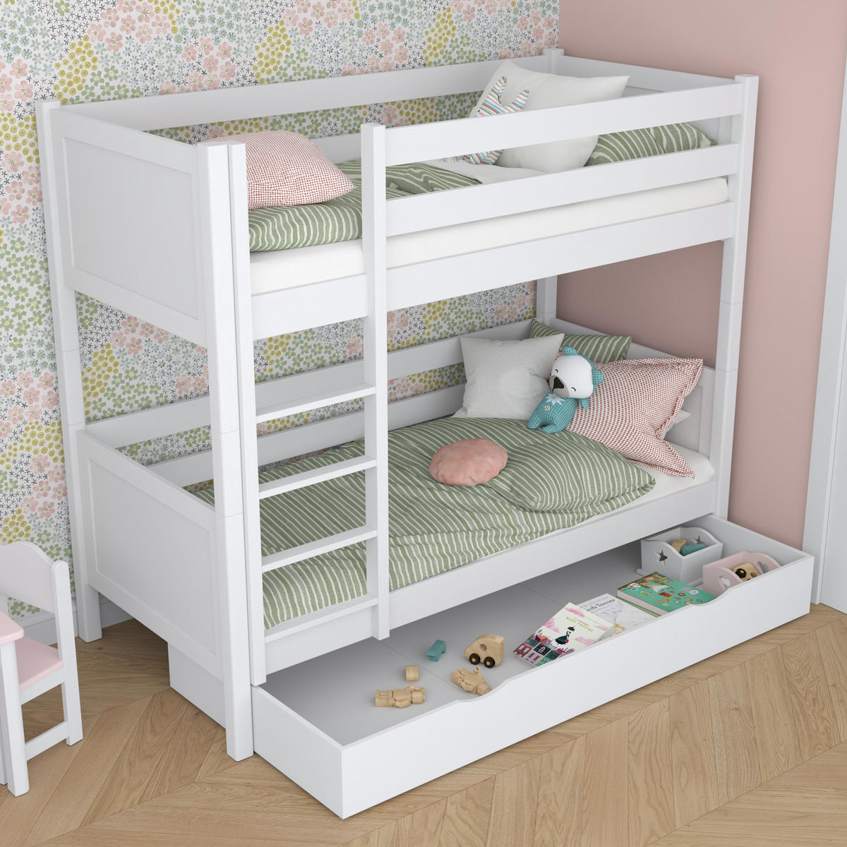ETAGENBETT N02 mit Schublade Weiß 80/190 - Weiß, Naturmaterialien/Holz (80/190cm) - N-Wood