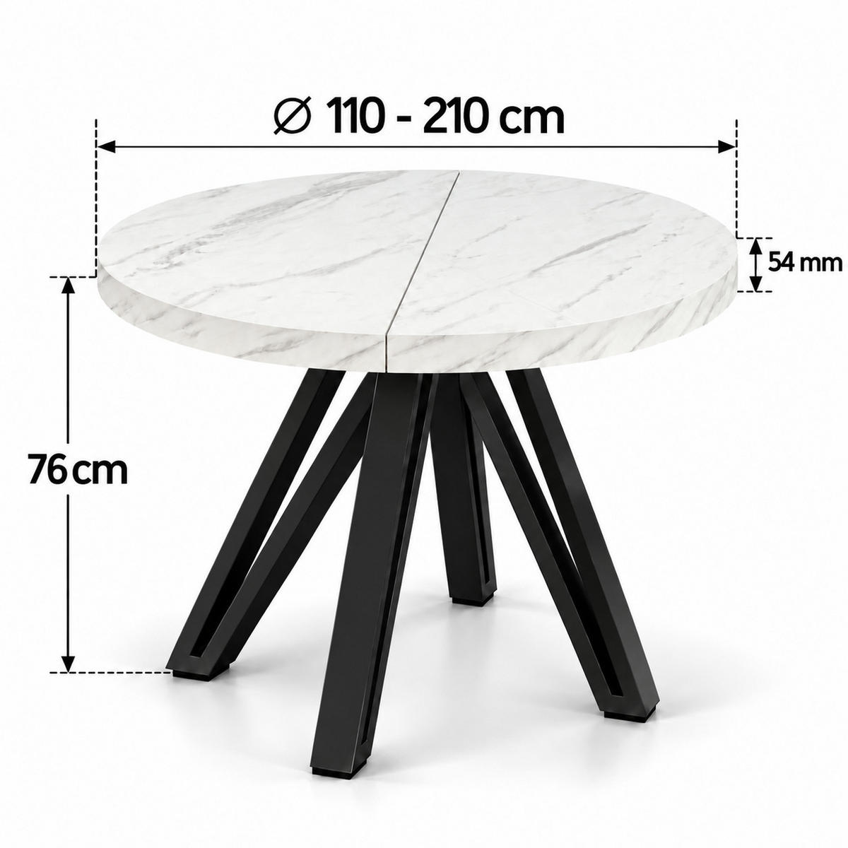 ESSTISCH rund ausziehbar 110/210/76 cm, Marmor, 54 cm Tischplatte + Industrial Metallgestell Schwarz - Hellgrau/Schwarz, Holzwerkstoff/Metall (110/210/76cm) - Damale Möbel