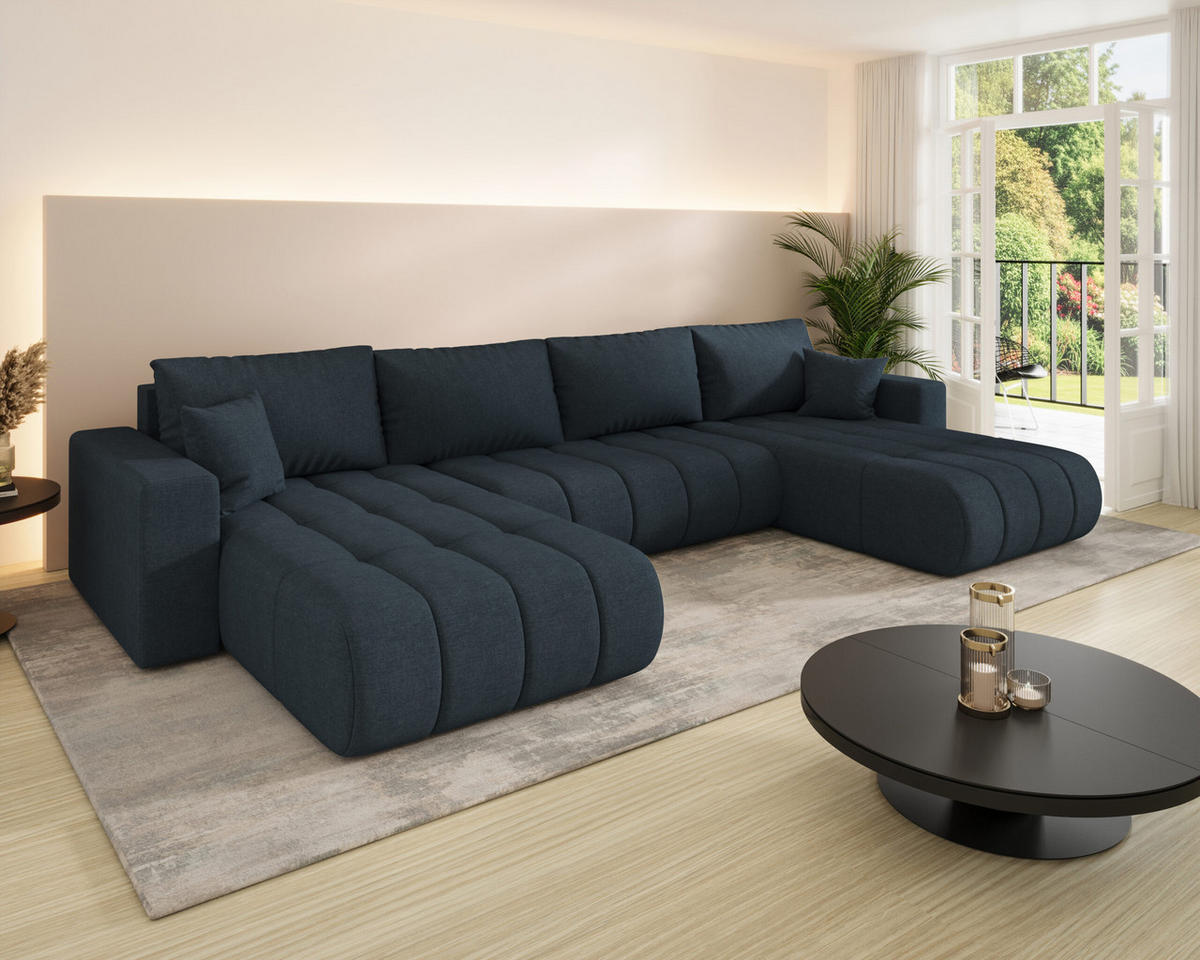 ECKSOFA mit schlaffunktion und bettkasten MILO U PREMIUM, stoff WIND, Dunkelblau - Dunkelblau, Holz (384/190cm) - Kaiser Möbel