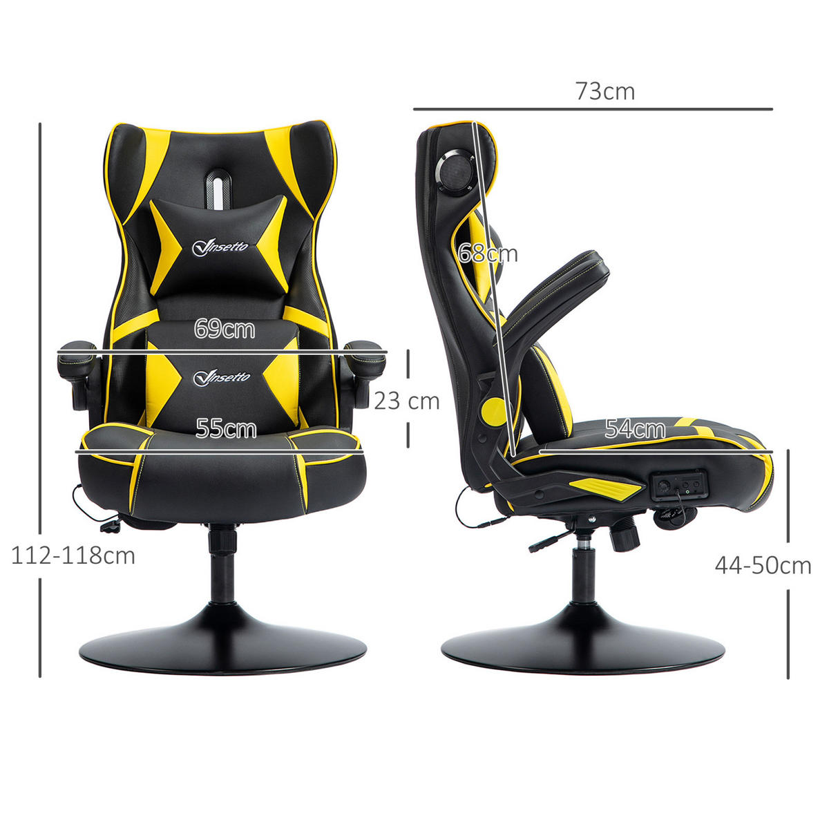 GAMING Stuhl mit runder Bodenplatte, drehbar & neigbar, ergonomischer Sessel, Schwarz-Gelb - Gelb, Leder (69/112/73cm) - BRILVERDE