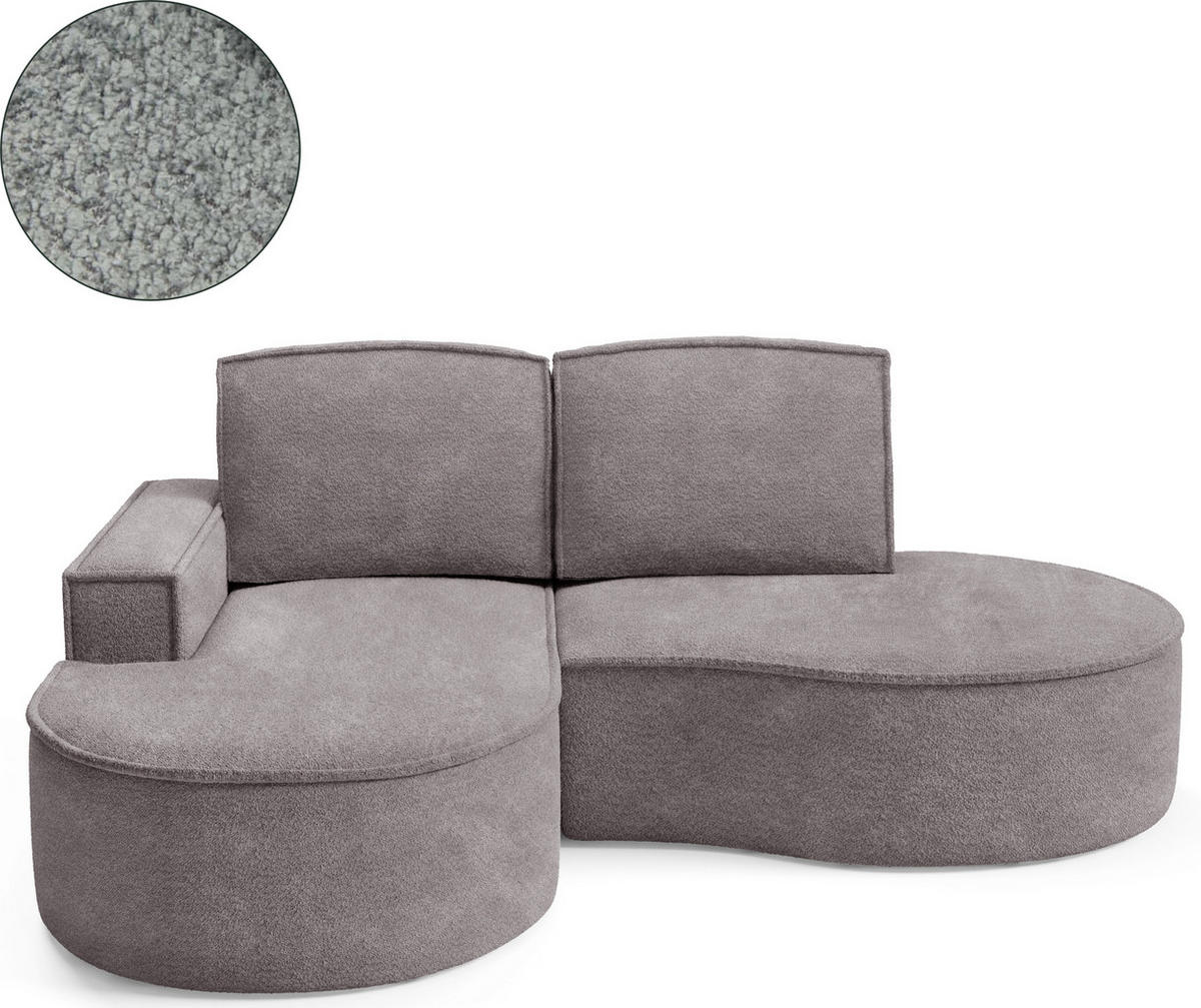 ECKSOFA MOLLY – Halbkreisförmig, Abriamo-Bouclé, Lose Kissen, Bouclé-Bezug, 210x157x88 cm, Links Grau Seide - Hellgrau, Holz/Textil (157/210cm) - DomoHome