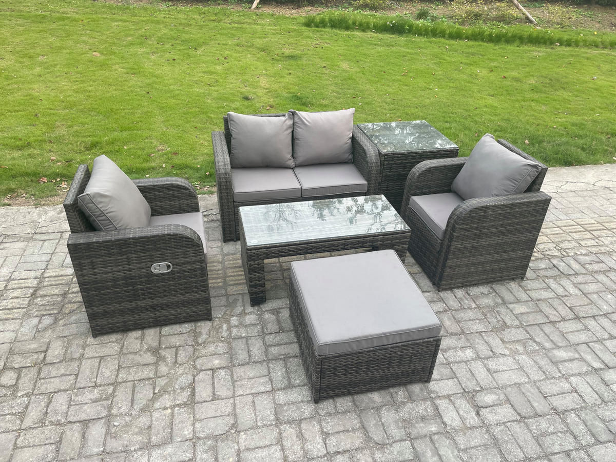 GARTENSOFA SET mit COUCHTISCH Polyrattan 5-Sitzer - Dunkelgrau/Grau, Glas/Kunststoff - Fimous