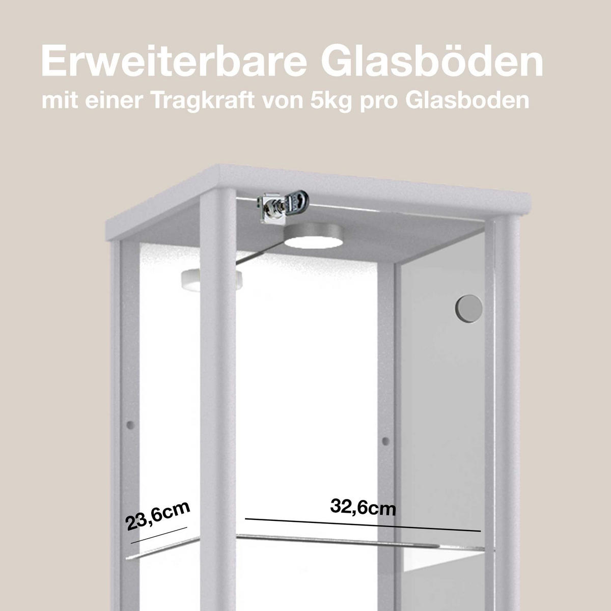 GLASVITRINE 33/37/176 cm mit Spiegel, LED, Schloss & 4 höhenverstellbaren Glasböden - Transparent/Silberfarben, Glas/Holzwerkstoff (37/176/33cm) - K-Möbel