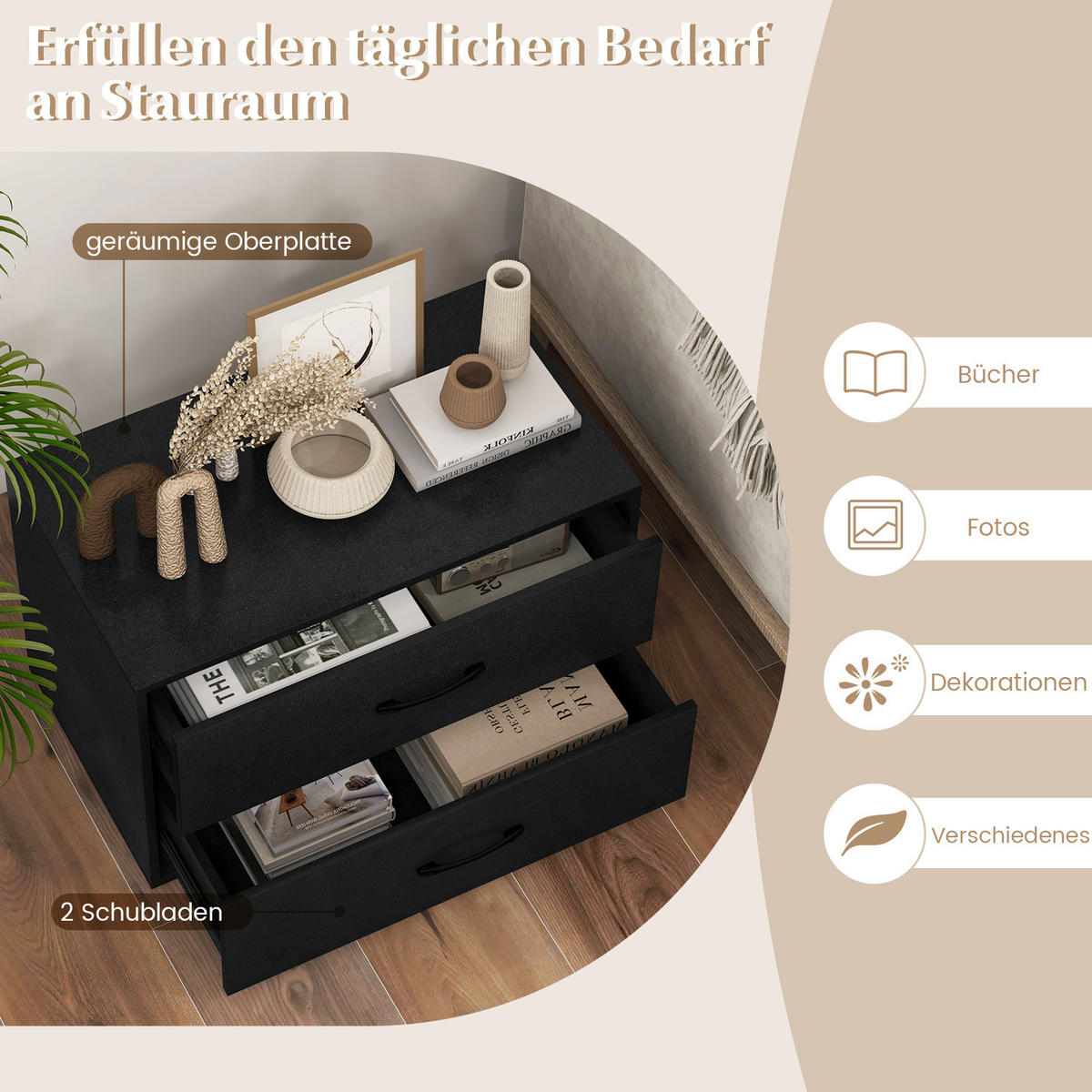 KOMMODE Schwarz - Schwarz, Holz (34/38/60cm) - COSTWAY