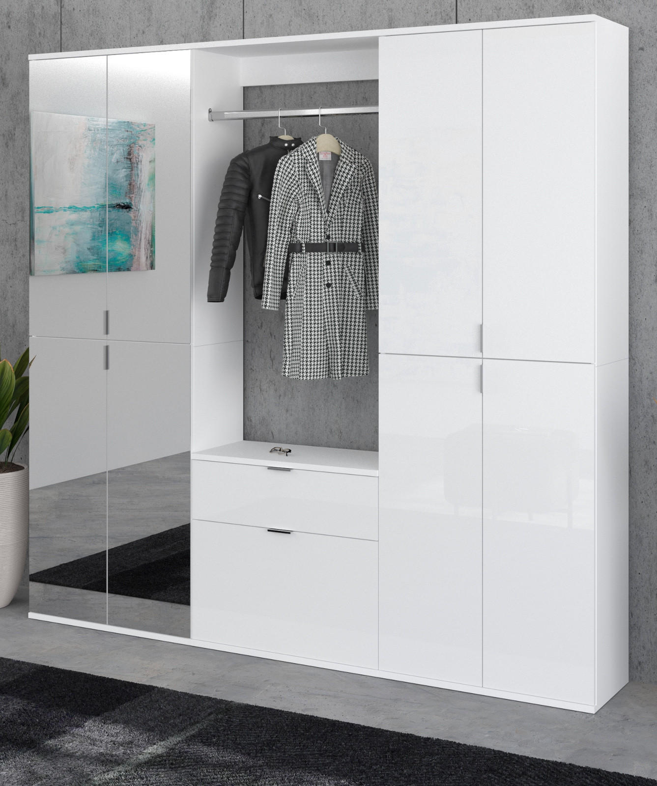 GARDEROBEN-SET weiß Hochglanz 183 cm mit Spiegel, 21 Fächer, Flurgarderobe - Chromfarben/Weiß Hochglanz, Glas/Holzwerkstoff (183/193/34cm) - Inn.Furn