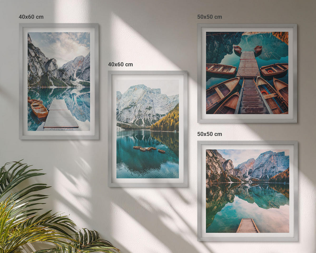 WANDBILDER 4er Set - 50x50 cm & 40x60 cm Silberner Rahmen - See, Brücken, Berge - Silberfarben, Kunststoff (50/50cm) - ArtPrintCave
