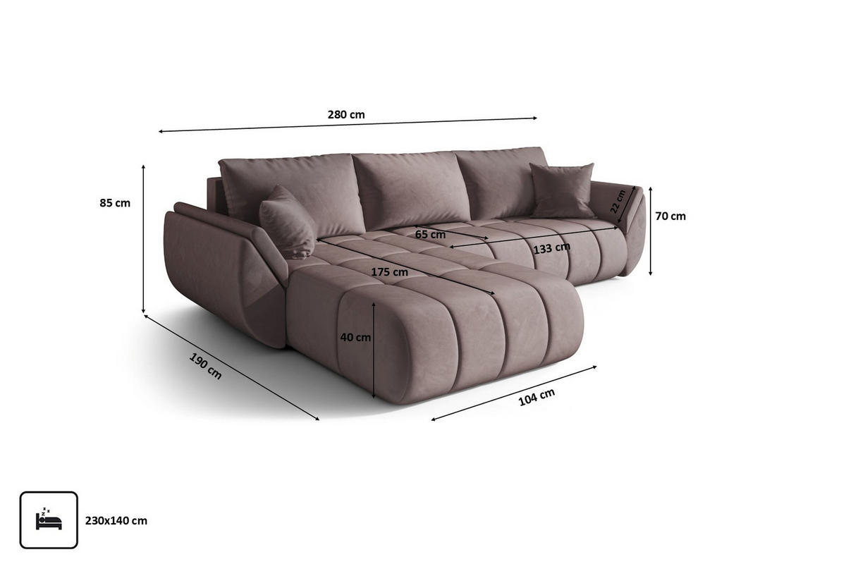 ECKSOFA TOKYO PREMIUM mit Schlaffunktion, Stoff MONOLITH, Lila, Links - Lila, Holz (280/190cm) - Kaiser Möbel