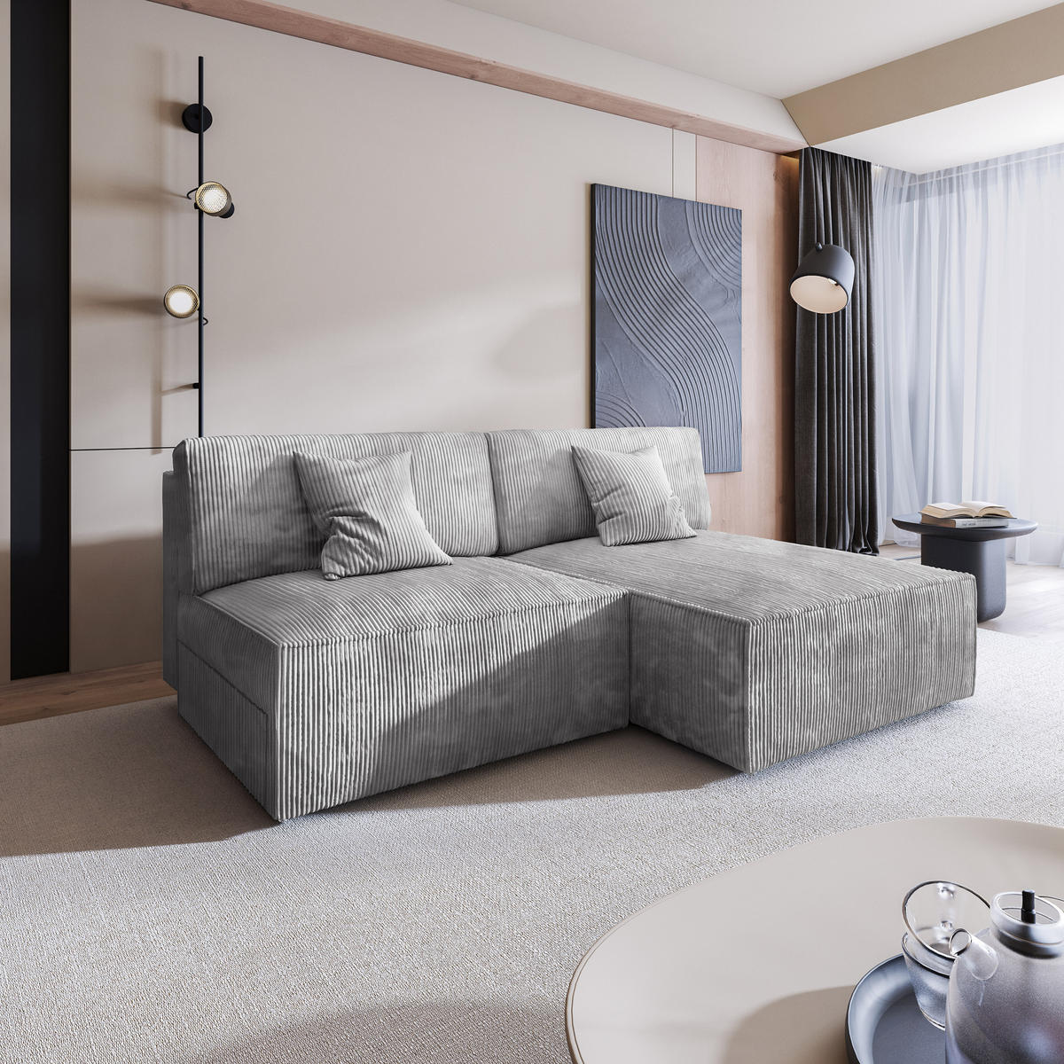 ECKSOFA FIORO P Hellgrau Kordstoff mit Schlaffunktion - Hellgrau/Grau, Holz/Kunststoff (204/148cm) - MASSENO