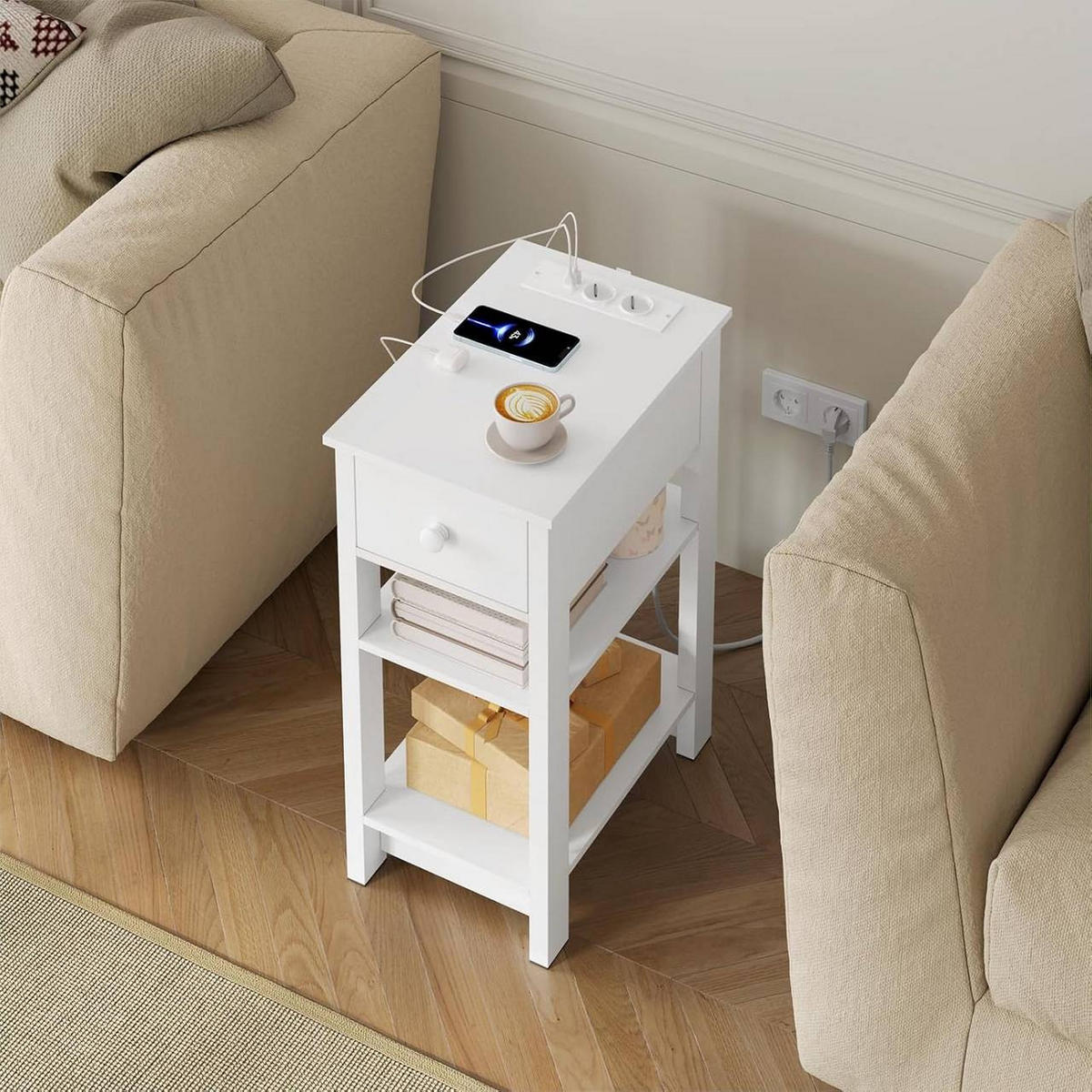 NACHTTISCH mit Ladefunktion, 2 Steckdosen, 2 USB-Anschlüssen - Weiß, Holzwerkstoff (30/65/45cm) - Woltu