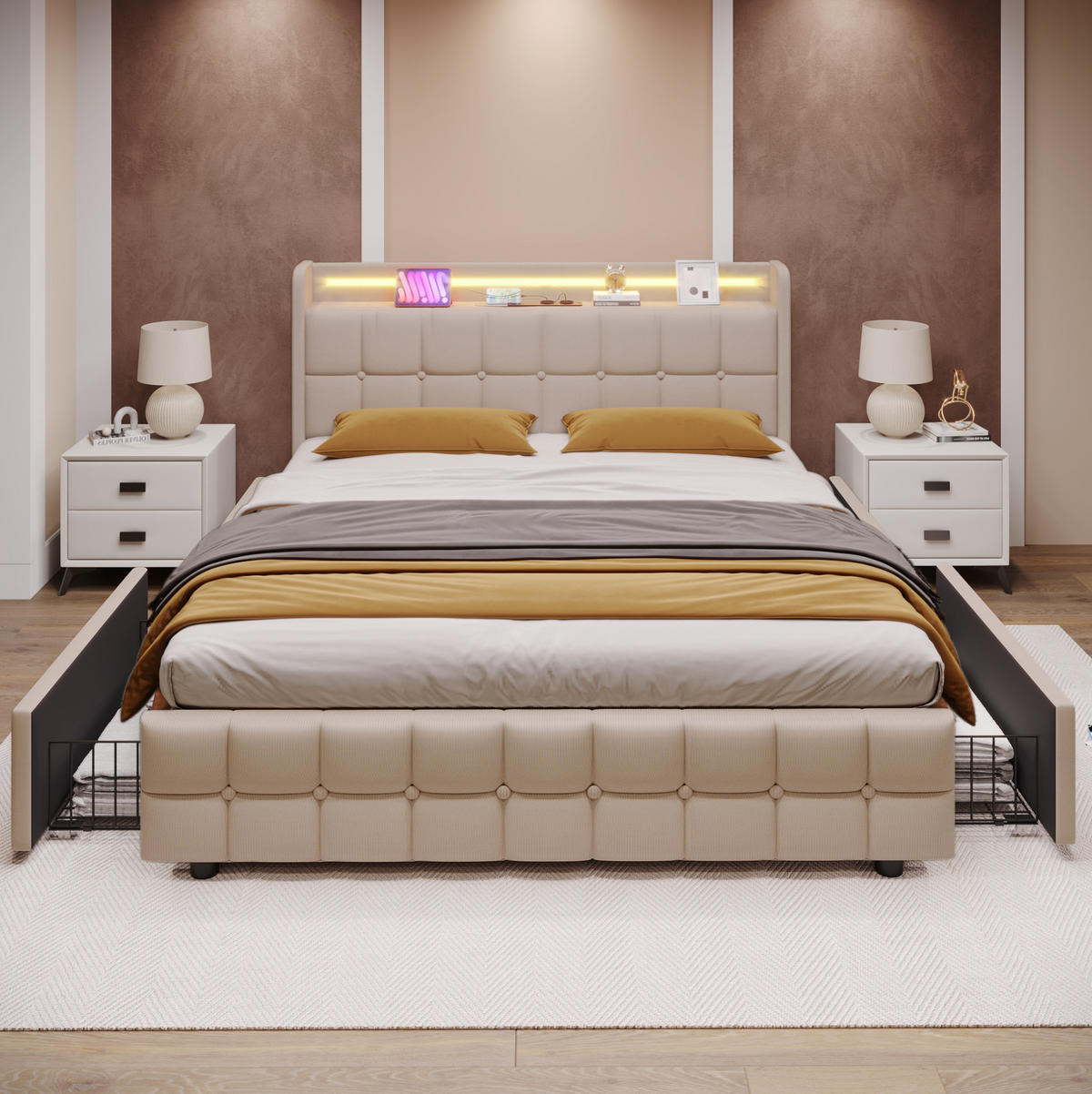 POLSTERBETT aus Leinen 140x200 cm in Beige mit LED & USB/Steckdosen - Beige, Holzwerkstoff (140/200cm) - Modfu