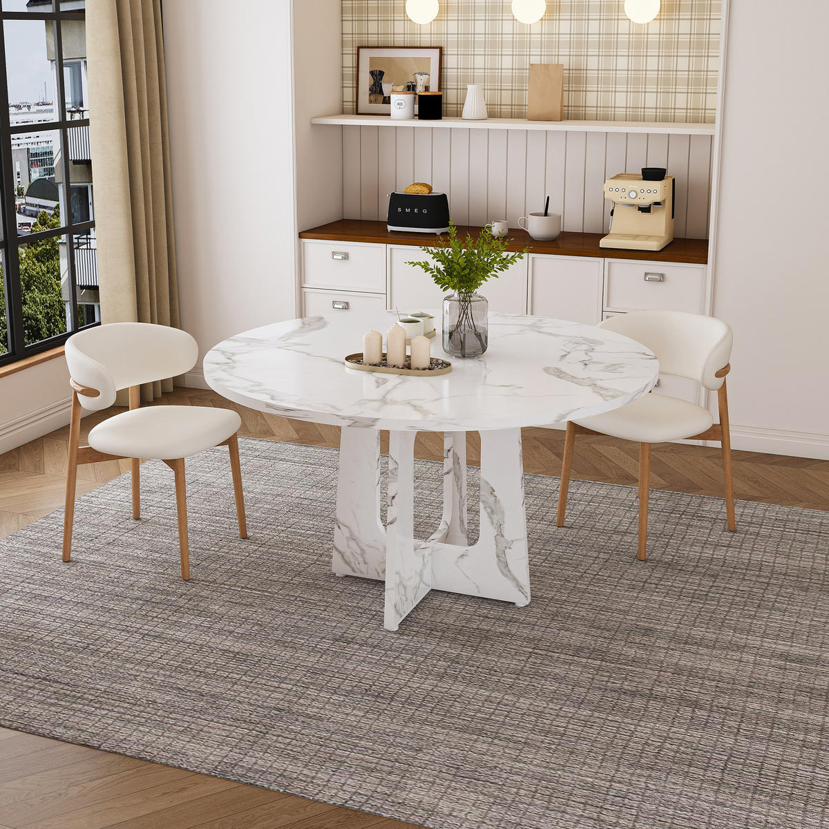 JÍDELNÍ STŮL v bílé barvě s MDF deskou a ořechovou dýhou do jídelny a obývacího pokoje, 120×120×76 cm - bílá, kompozitní dřevo (120/120/76cm) - STILVORA